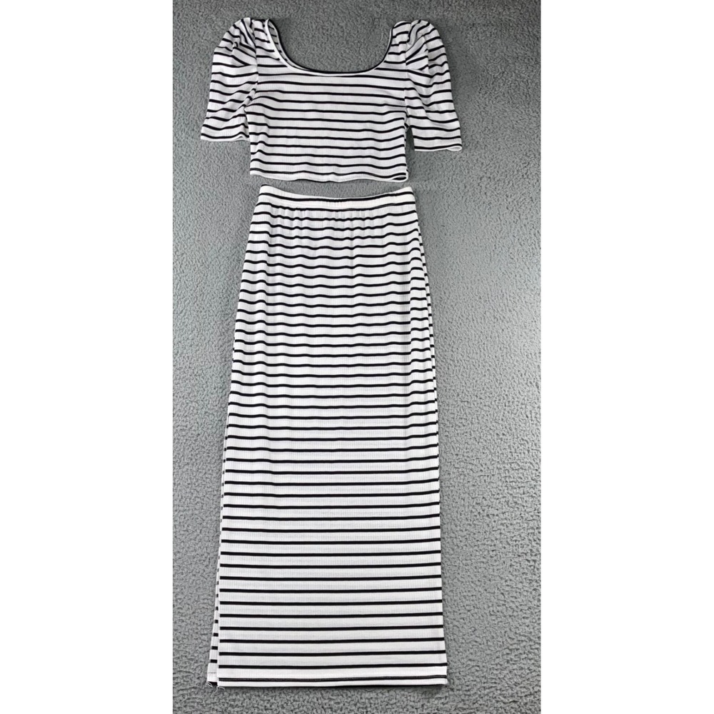 2 Piece Skirt Set Women M Striped Puff Sleeve Crop Top‎ Maxi Skirt Black White